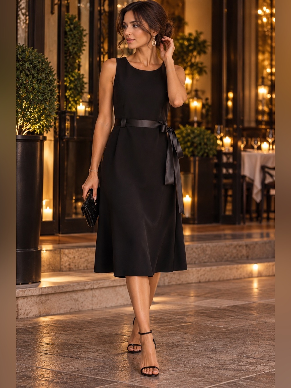 Jessica Black Sleeveless A-Line Midi Dress with Satin Waist Tie